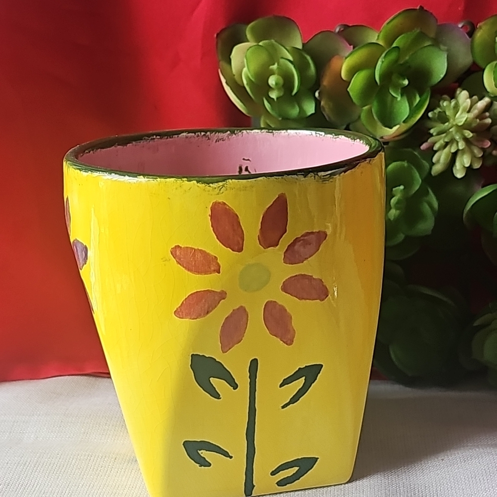 Studio Pottery Hand-painted Yellow Floral Mug 12 Oz.